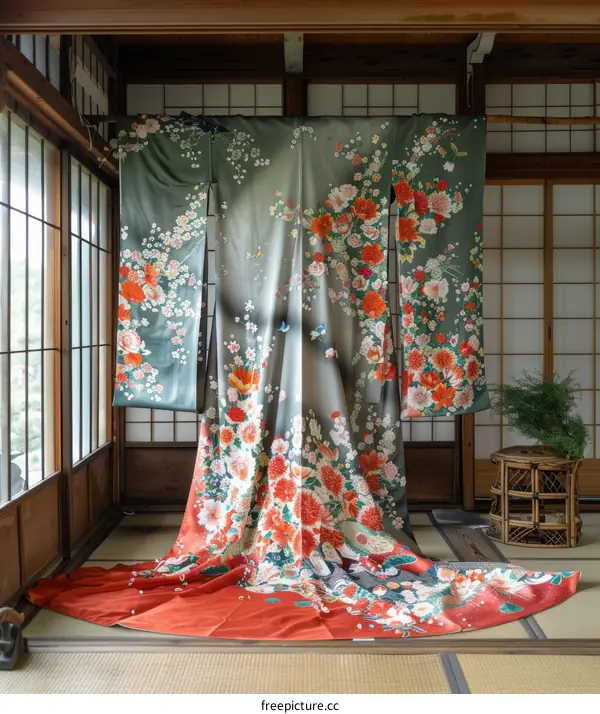 A kimono with a floral pattern is displayed in a traditional Japanese room