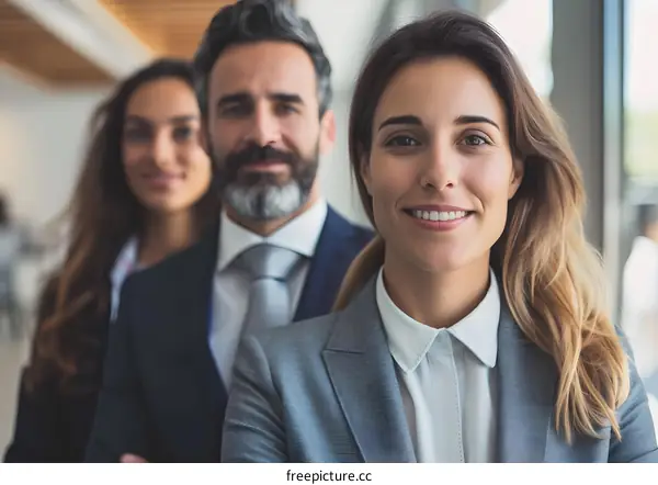 Three business people standing in a row smiling at the camera
