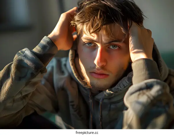 Young Man with Blue Eyes Holding his Head