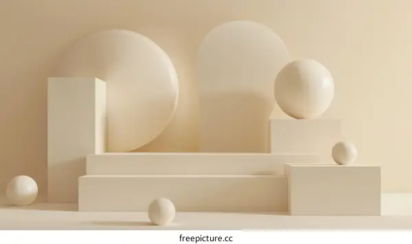 3D rendering of a beige podium with balls and geometric shapes