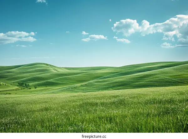 Green rolling hills under blue sky and white clouds
