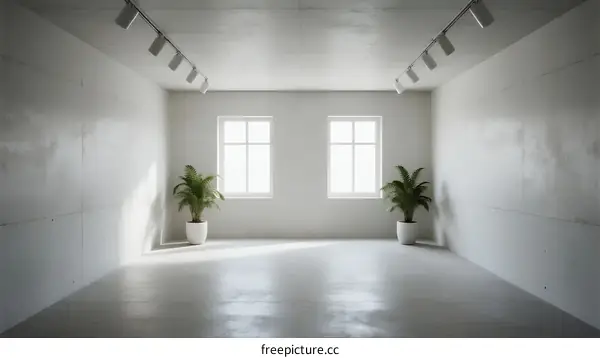 Bright and clean empty room with two windows and potted plants