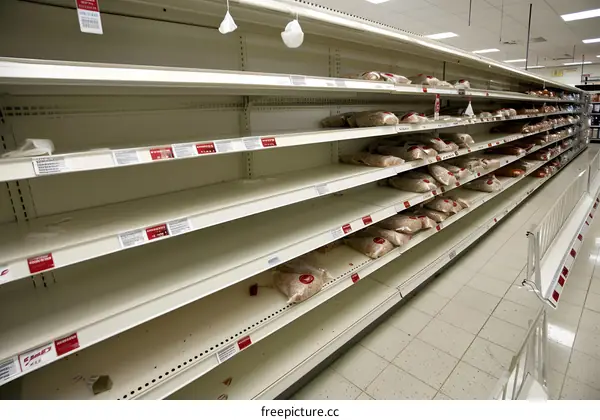 Empty Supermarket Shelves With Bags Of Food