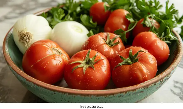 Still life of tomatoes and onions with parsley