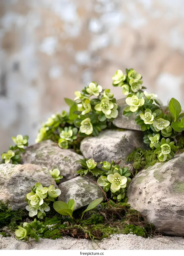 Green Flowers and Mossy Rocks Nature Photography