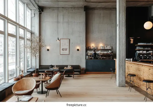 Modern Industrial Cafe Interior Design with Large Windows