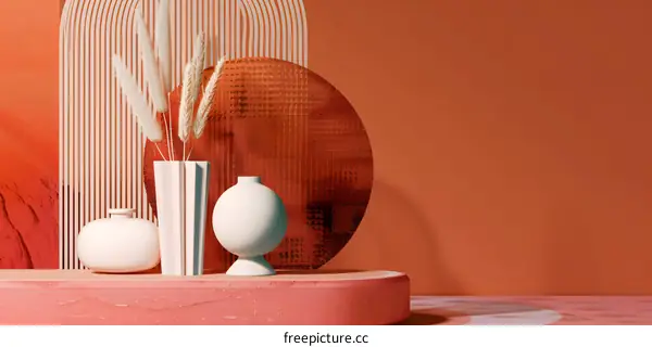 Orange and White Abstract Background with Minimalist Vases and Flowers