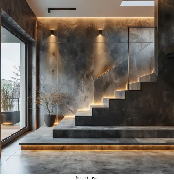 Modern minimalist dark marble staircase with indirect lighting