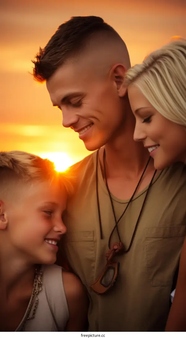 Happy family of three smiling together at sunset