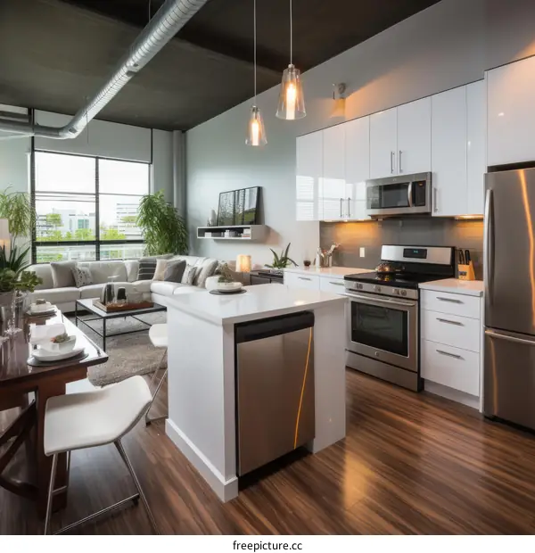A modern kitchen with a large island and stainless steel appliances