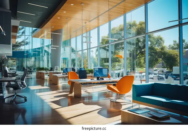 Modern office interior with large windows and a comfortable seating area