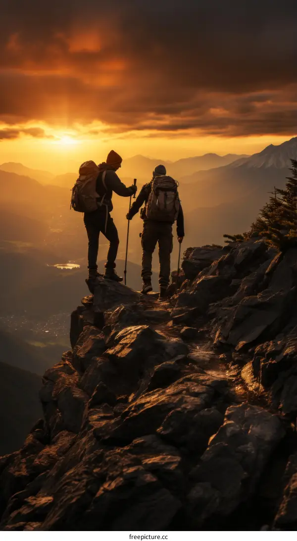 Two hikers on a mountaintop enjoying the sunset