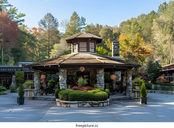 Stone and Wood Exterior of Building with Fall Foliage