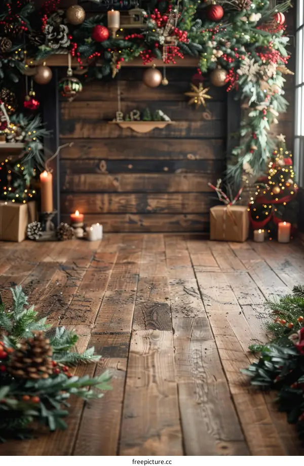 Christmas rustic background with wooden floor and christmas tree