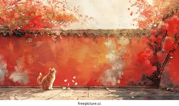 A ginger cat sitting in a courtyard with red walls and a tree with red leaves