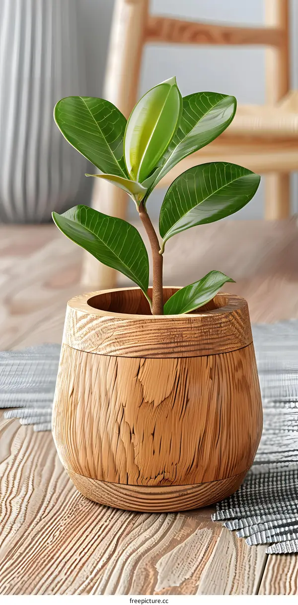 Green Plant In Wooden Pot On Wooden Table