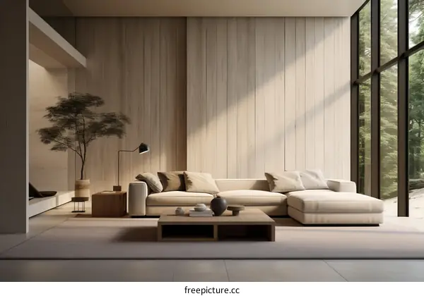 Airy and bright living room with large windows and a minimalist design