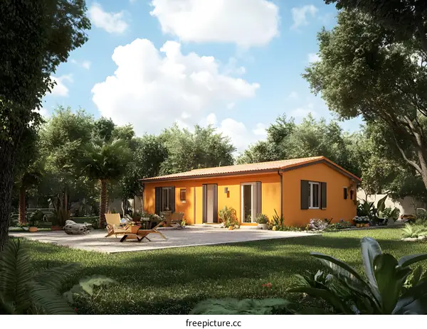 Orange House with Patio and Palm Trees in a Tropical Garden