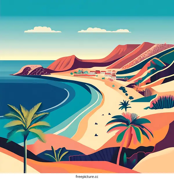 Tropical Beach Landscape Illustration With Palm Trees