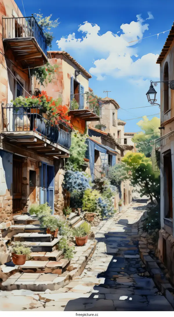 A narrow street in a small town with colorful houses and flowers