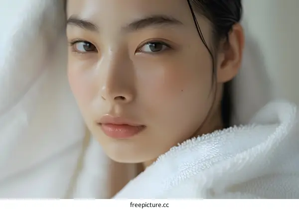 A young woman with wet hair wrapped in a white towel