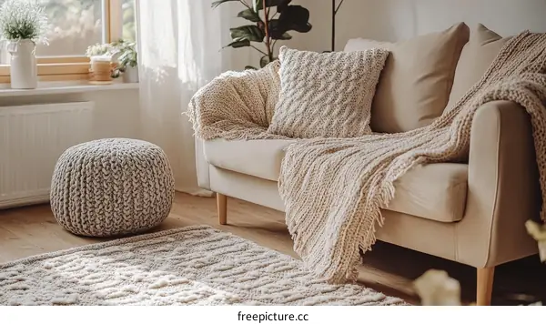 Cozy Living Room Interior Design with Knitted Accessories