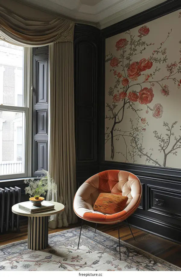 Elegant living room with floral wallpaper and velvet chair