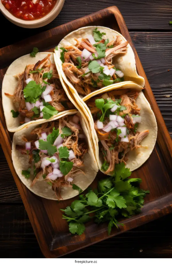 A plate of three tacos with pork, salsa, and cilantro