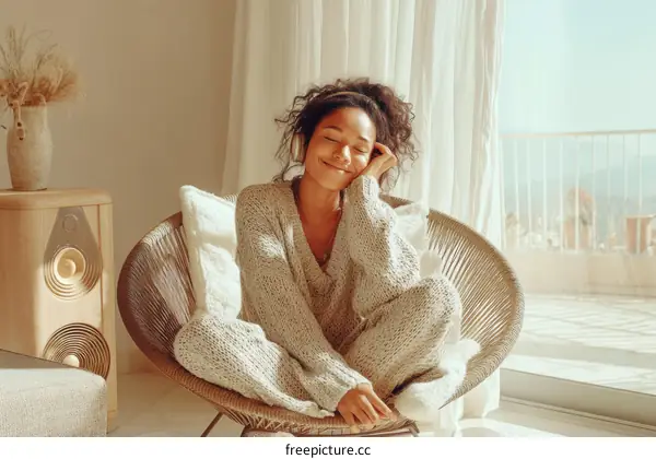 Relaxing Woman Listening to Music at Home