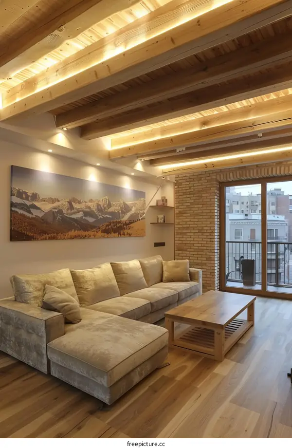 Exposed wooden beams and brick walls give this apartment an industrial feel