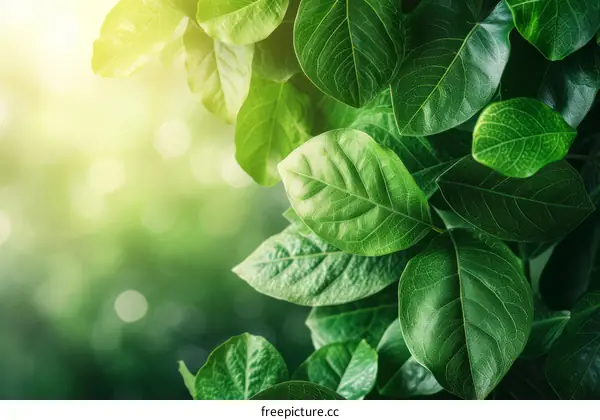 Close-up of fresh green leaves with sunlight shining through