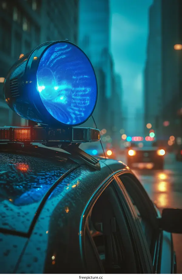 Police car with blue and red lights on the roof in the rain