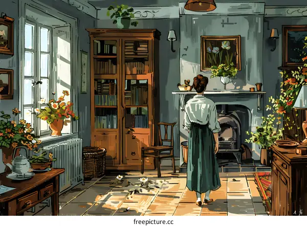 A woman standing in a room with a fireplace, bookshelves, and flowers
