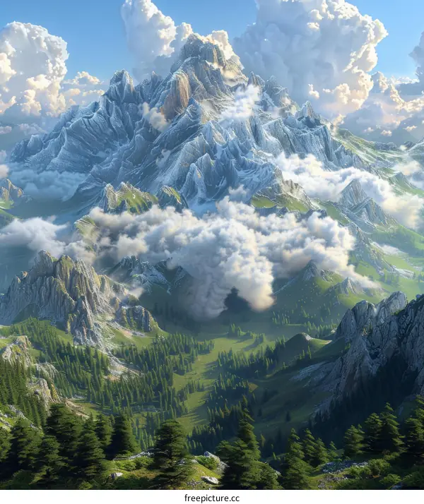 Majestic Snowy Mountain Peaks Over a Verdant Valley