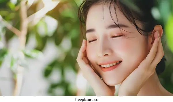 Smiling Woman with Closed Eyes and Hands on Face