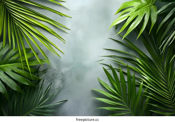 Green Tropical Palm Leaves On Gray Background