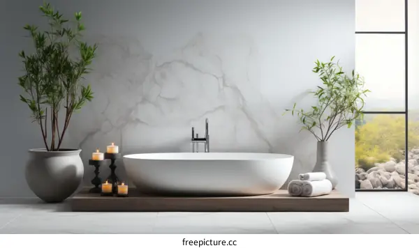 A Luxurious Bathroom With A Bathtub, Plants, And A View