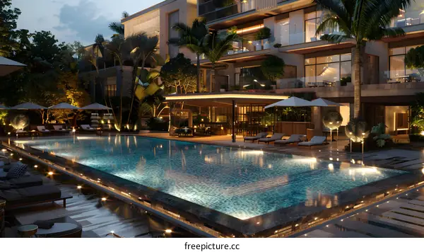 A luxury residential area in the tropics, with a swimming pool in the residential area