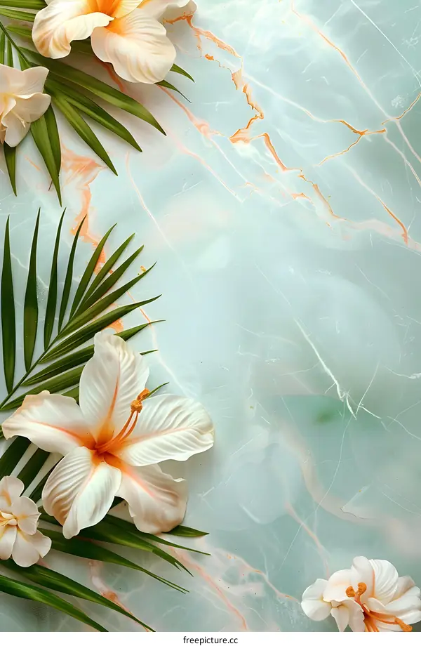 White Flowers and Green Leaves on Marble Background