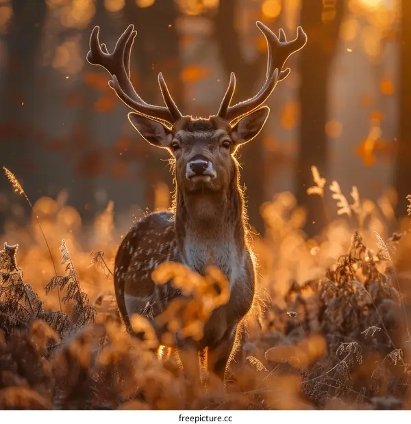 A beautiful deer standing in a field of tall grass at sunset