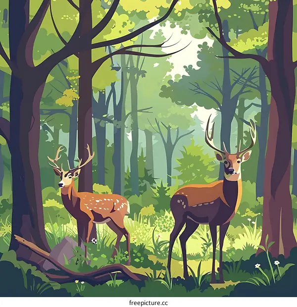 Two Deer Standing In Green Forest