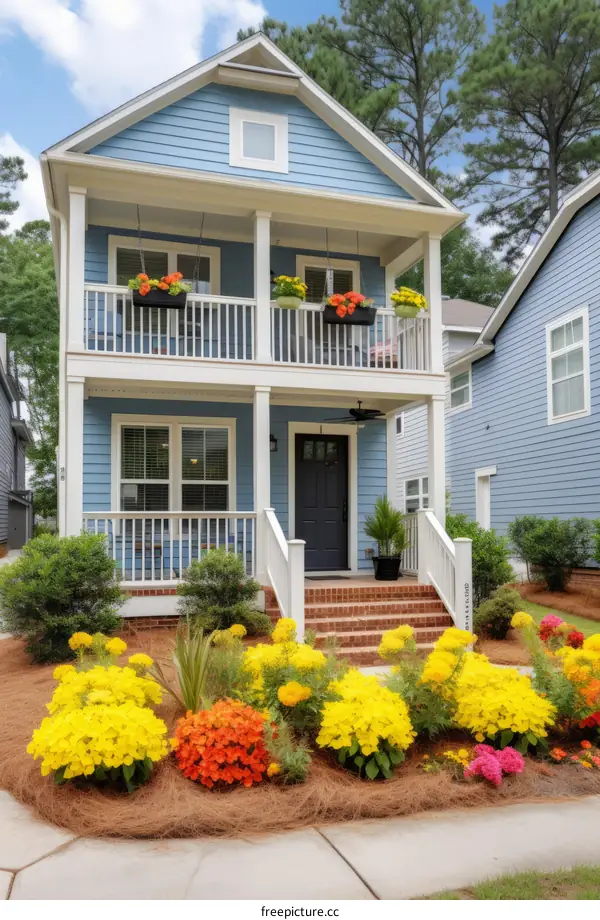 Colorful flowers in front of a blue house
