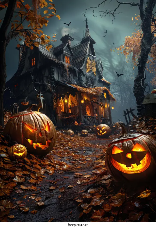 Spooky Haunted House at Night with Pumpkins and Bats