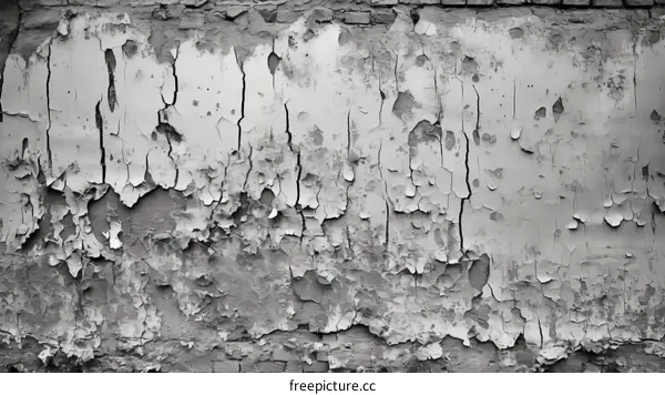 Black and white photo of a brick wall with peeling paint