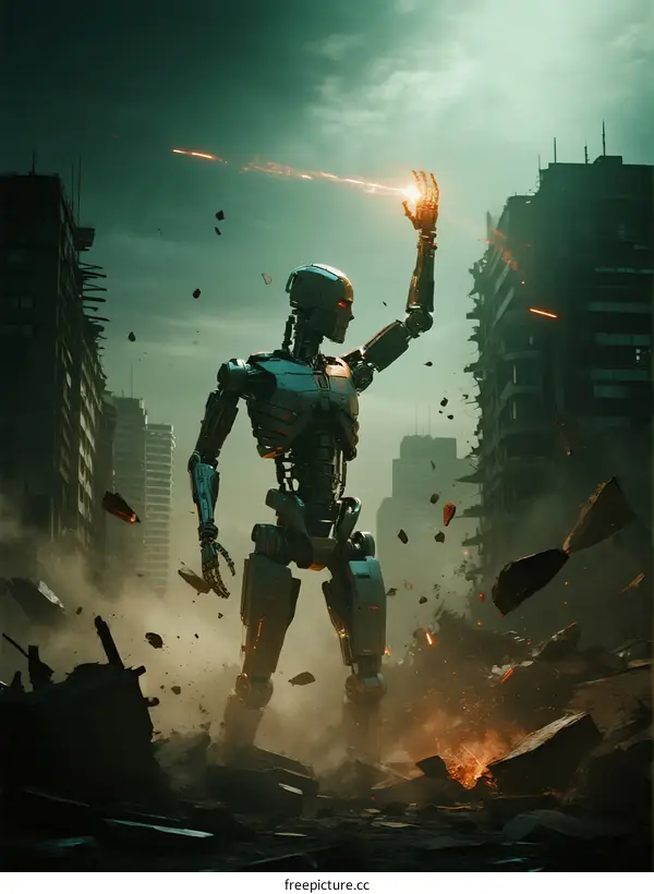 Robot in Post-Apocalyptic Urban Environment Fires Energy Beam