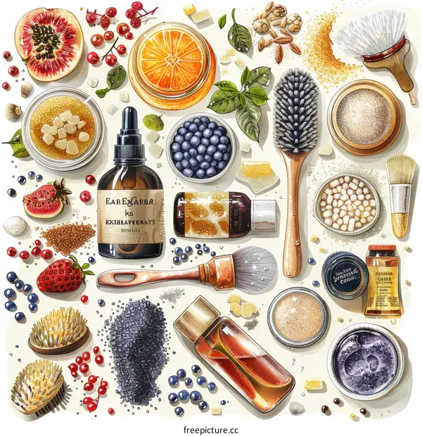 An illustration of various skincare products and natural ingredients.