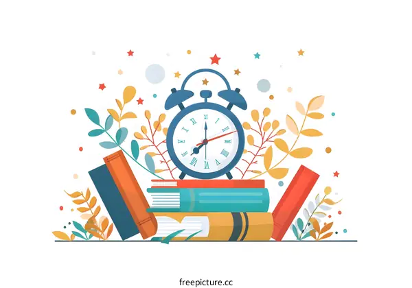 Alarm Clock With Books and Floral Elements