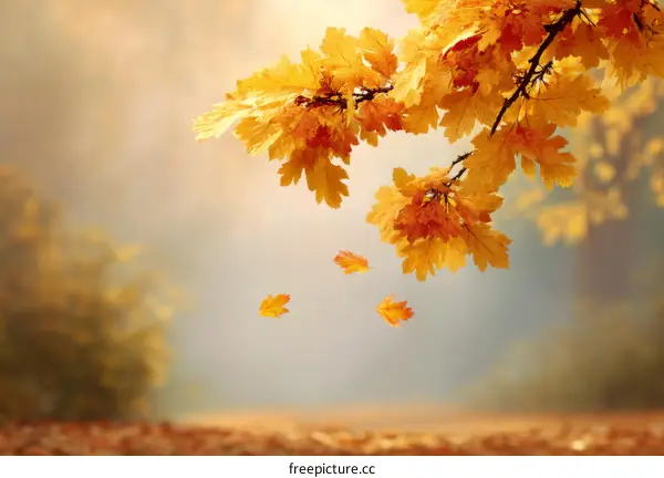 Autumn Leaves Falling in a Misty Forest