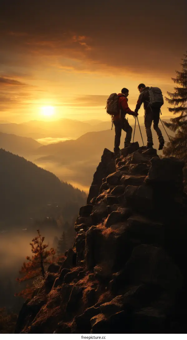 Two men on a mountaintop enjoying the sunset