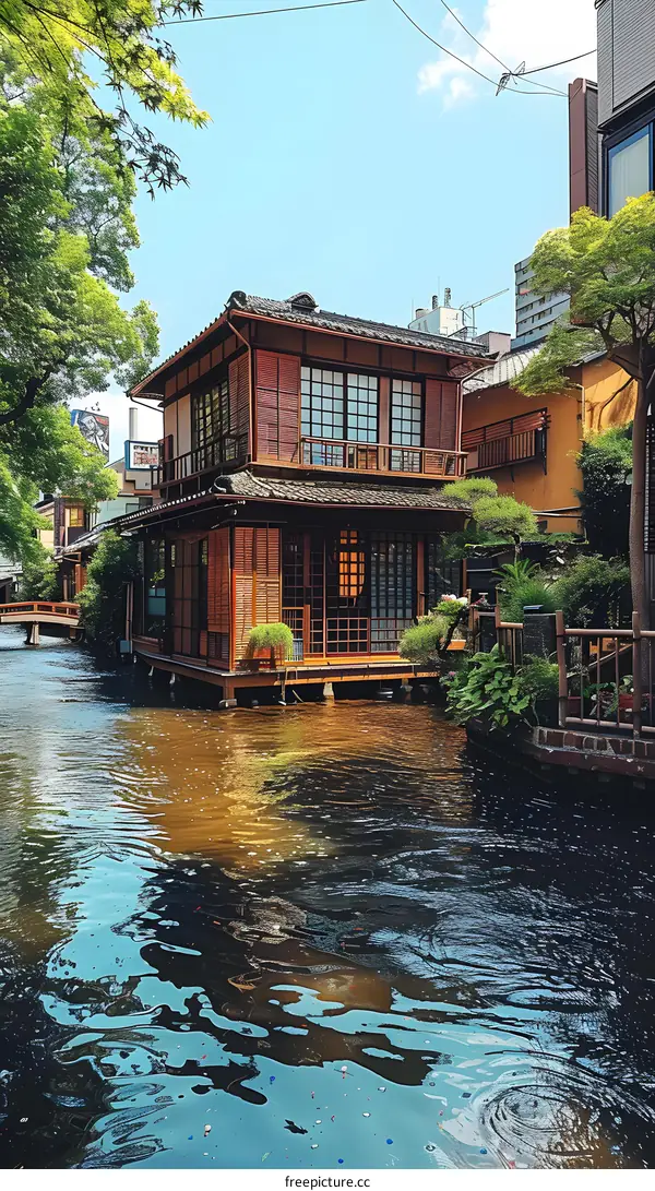 Traditional Japanese House on Canal in Kyoto